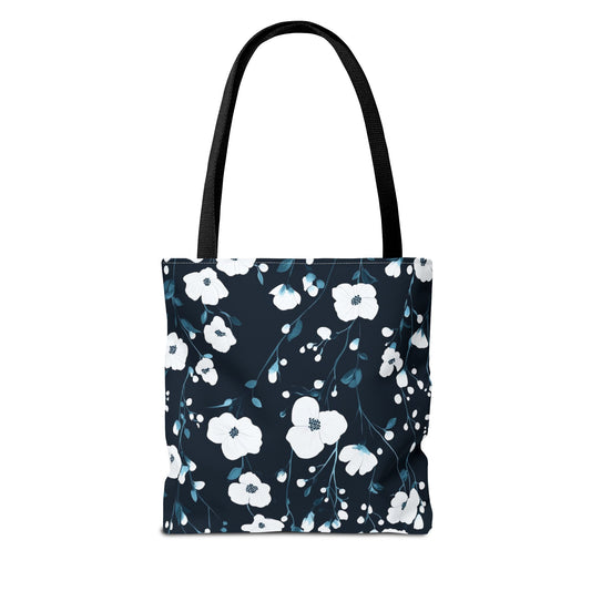 Navy Blue White Blossom Tote Bag