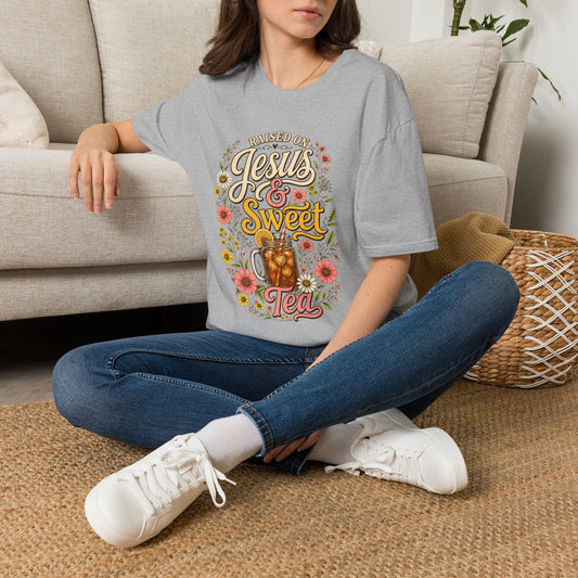 Raised on Jesus & Sweet Tea T‑Shirt — Floral Southern Faith Tee