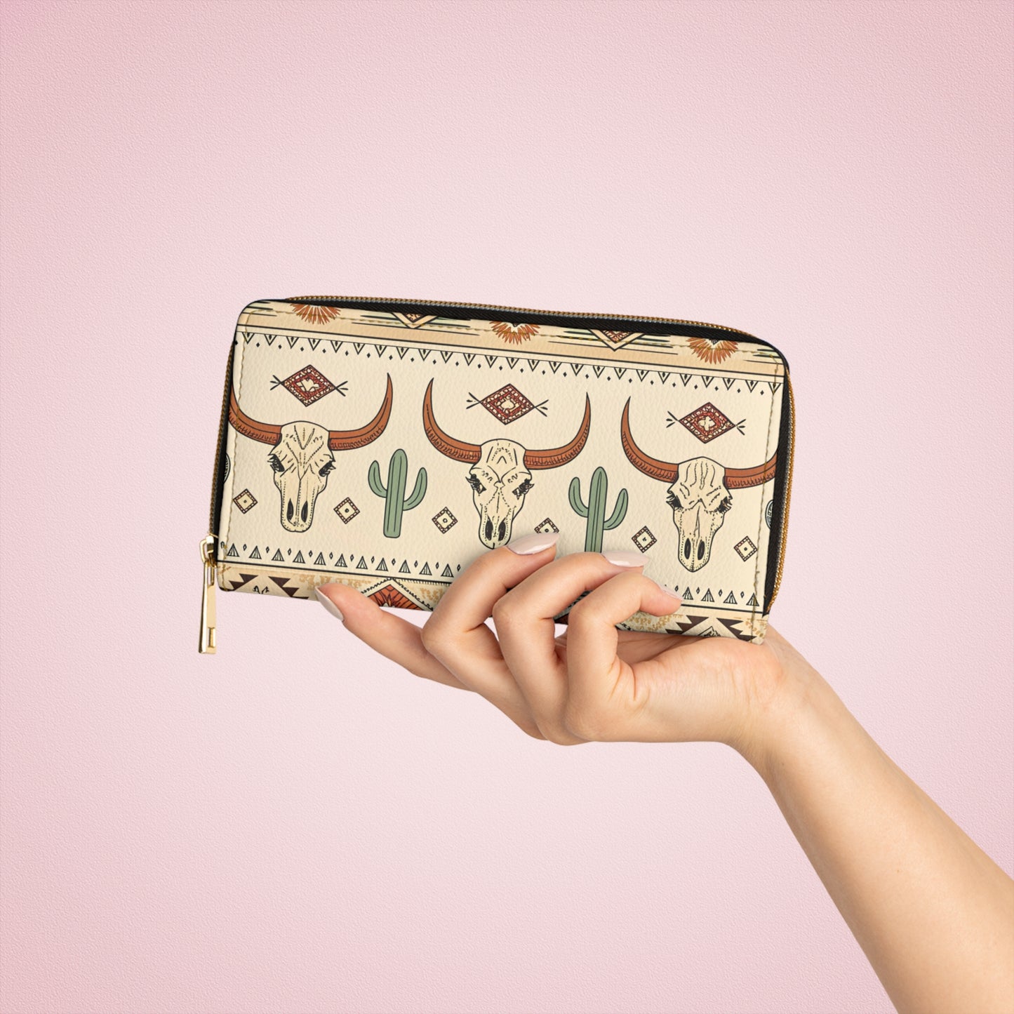 Western Skull & Cactus Zipper Wallet — Southwestern Aztec Patterned Wallet