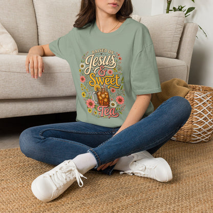 Raised on Jesus & Sweet Tea T‑Shirt — Floral Southern Faith Tee