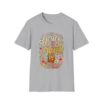 Raised on Jesus & Sweet Tea T‑Shirt — Floral Southern Faith Tee