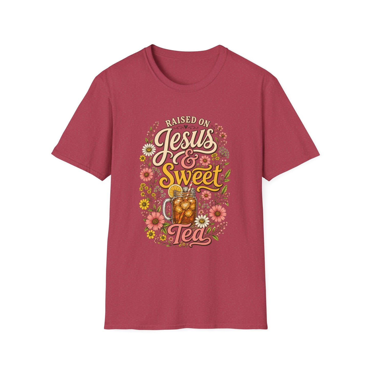 Raised on Jesus & Sweet Tea T‑Shirt — Floral Southern Faith Tee