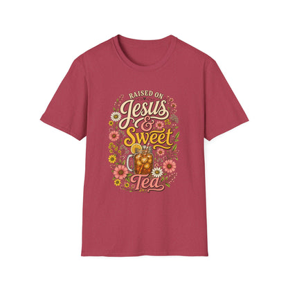 Raised on Jesus & Sweet Tea T‑Shirt — Floral Southern Faith Tee