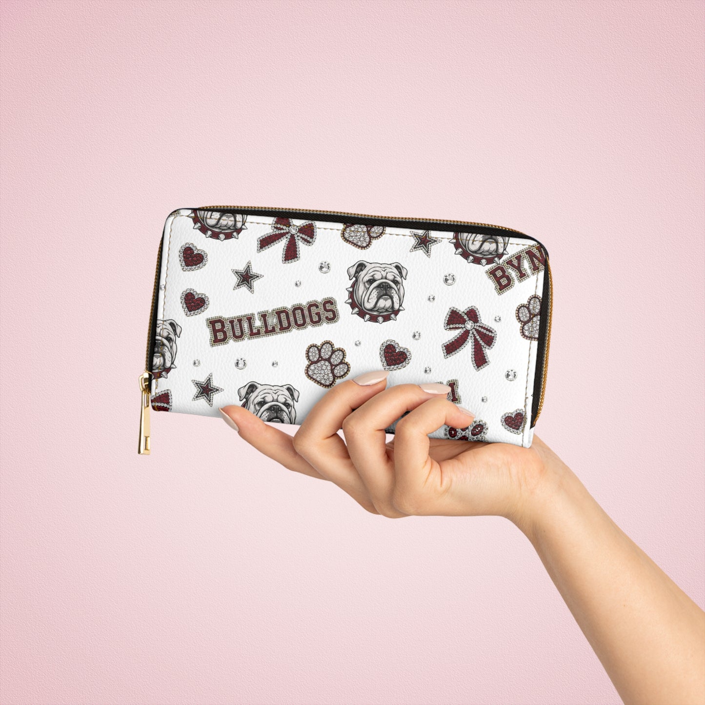 Bulldogs Pattern Zipper Wallet — Personalized 'Bynum' Mascot Paw Print Design