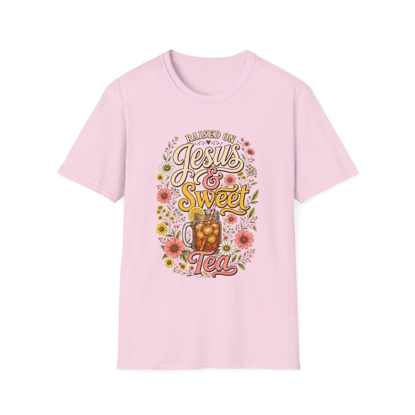 Raised on Jesus & Sweet Tea T‑Shirt — Floral Southern Faith Tee