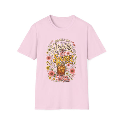 Raised on Jesus & Sweet Tea T‑Shirt — Floral Southern Faith Tee