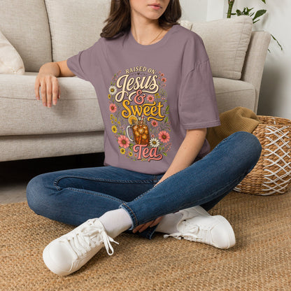 Raised on Jesus & Sweet Tea T‑Shirt — Floral Southern Faith Tee
