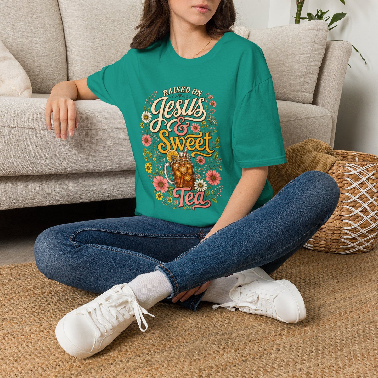 Raised on Jesus & Sweet Tea T‑Shirt — Floral Southern Faith Tee