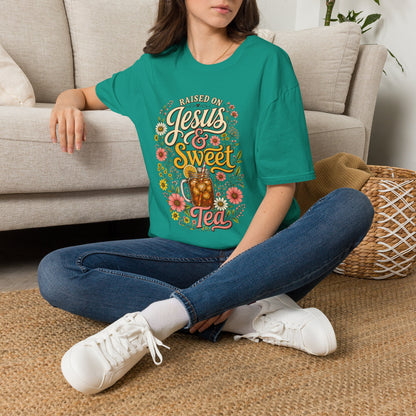 Raised on Jesus & Sweet Tea T‑Shirt — Floral Southern Faith Tee