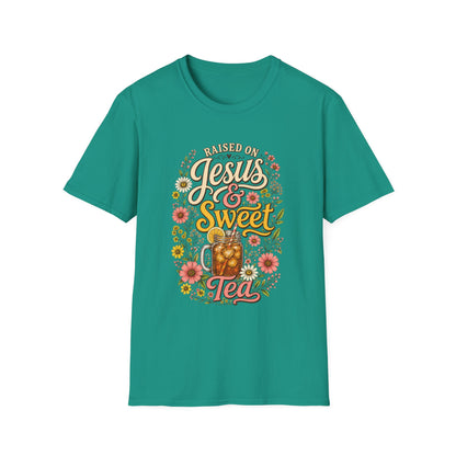 Raised on Jesus & Sweet Tea T‑Shirt — Floral Southern Faith Tee