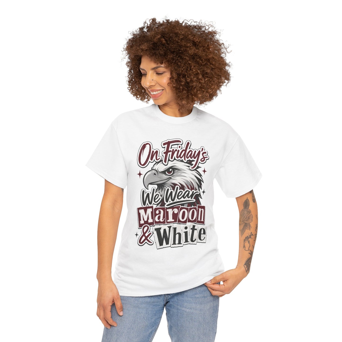Friday Spirit Tee — "On Friday's We Wear Maroon & White" Eagle School Pride T-Shirt