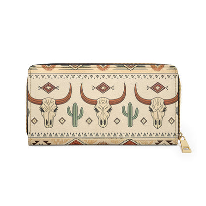 Western Skull & Cactus Zipper Wallet — Southwestern Aztec Patterned Wallet