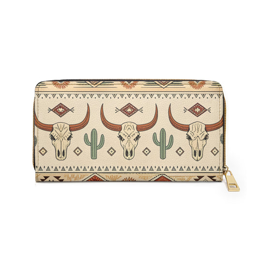 Western Skull & Cactus Zipper Wallet — Southwestern Aztec Patterned Wallet