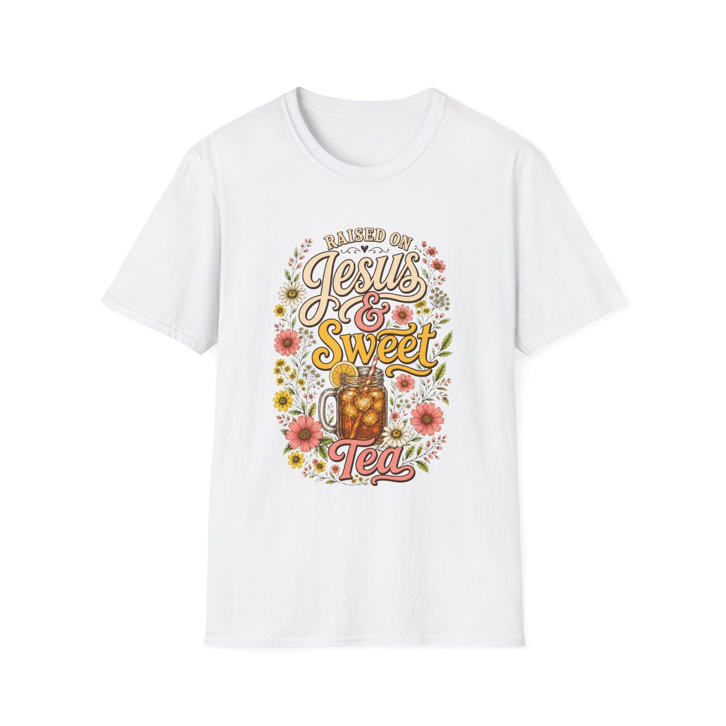 Raised on Jesus & Sweet Tea T‑Shirt — Floral Southern Faith Tee