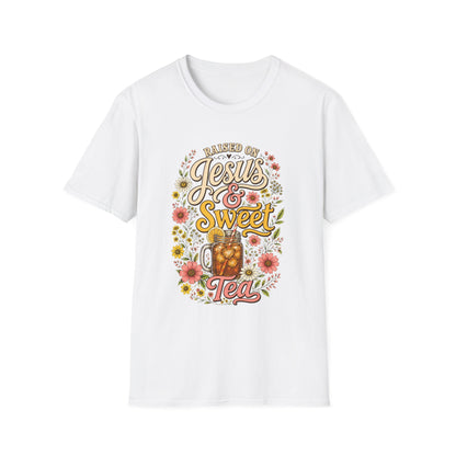 Raised on Jesus & Sweet Tea T‑Shirt — Floral Southern Faith Tee