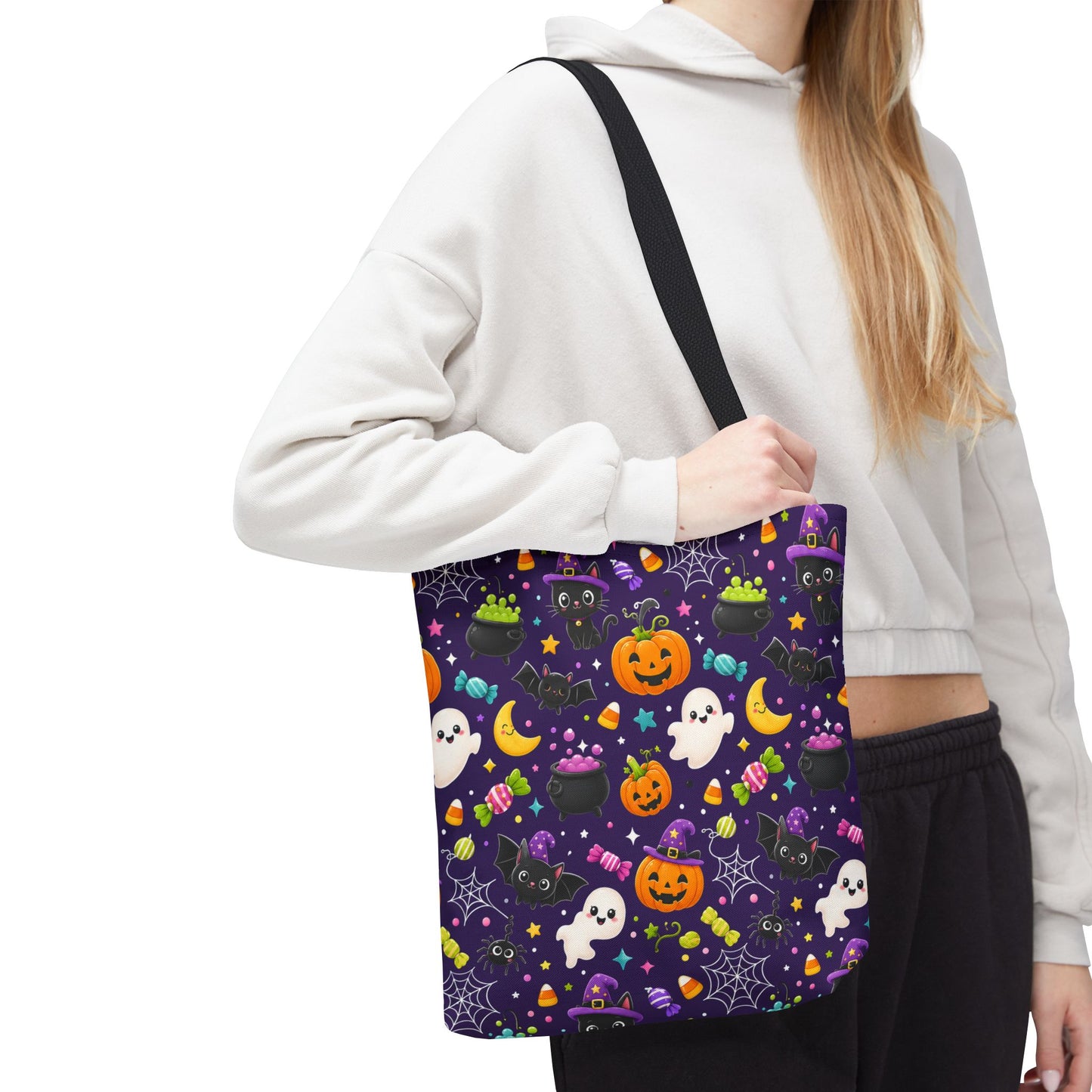 Halloween Pattern Tote Bag — Cute Ghosts, Pumpkins & Candy All-Over Print