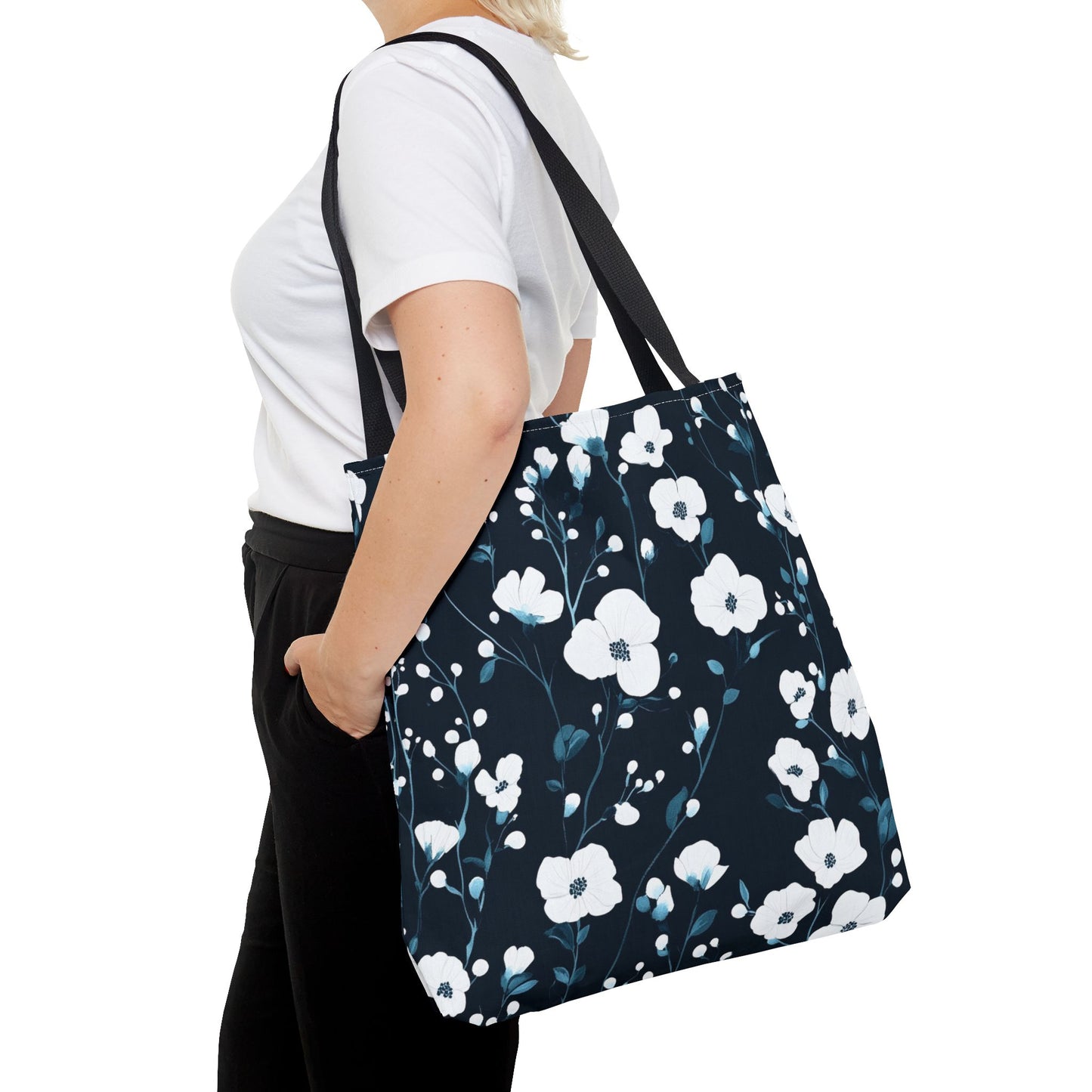 Navy Blue White Blossom Tote Bag