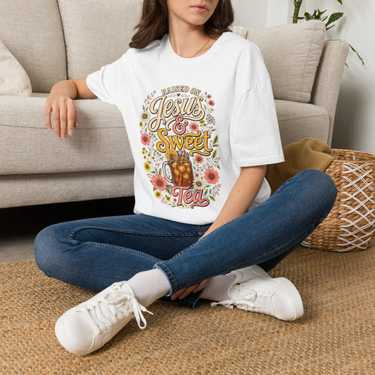 Raised on Jesus & Sweet Tea T‑Shirt — Floral Southern Faith Tee