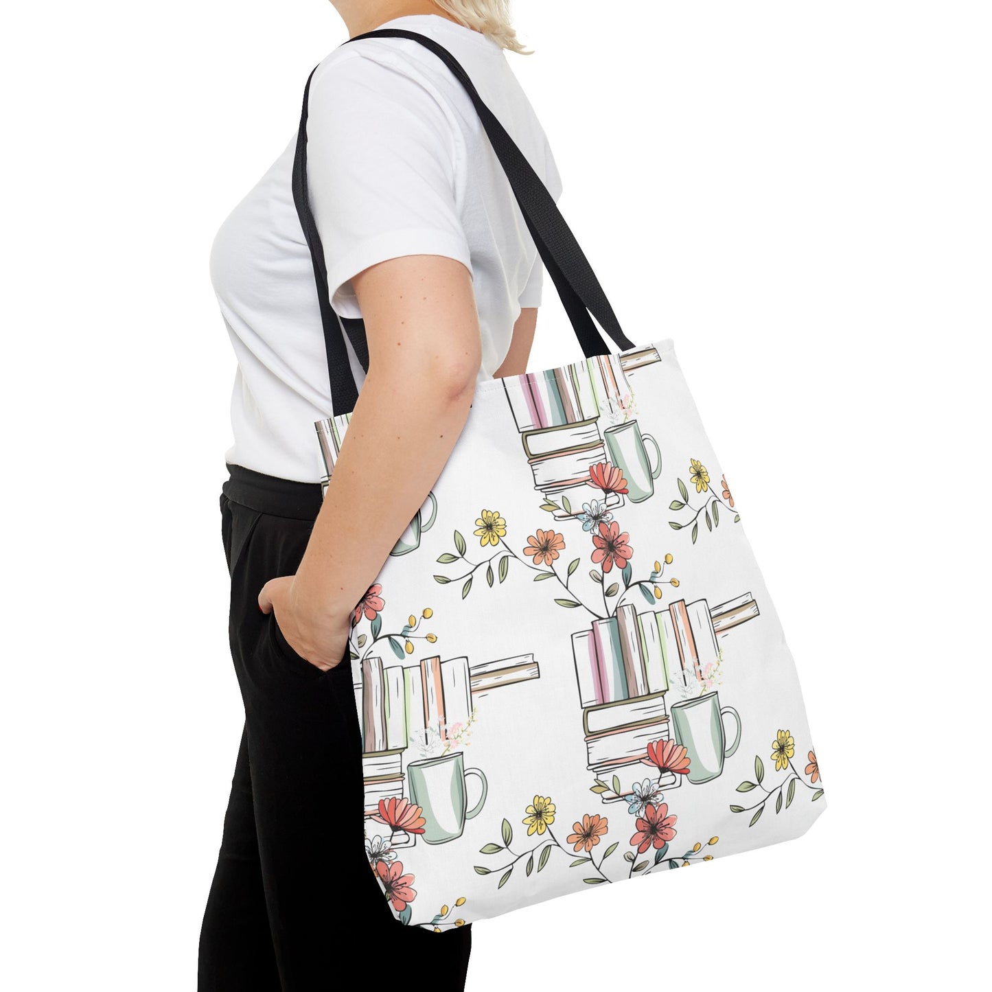 Floral Stacked Books & Coffee Tote Bag