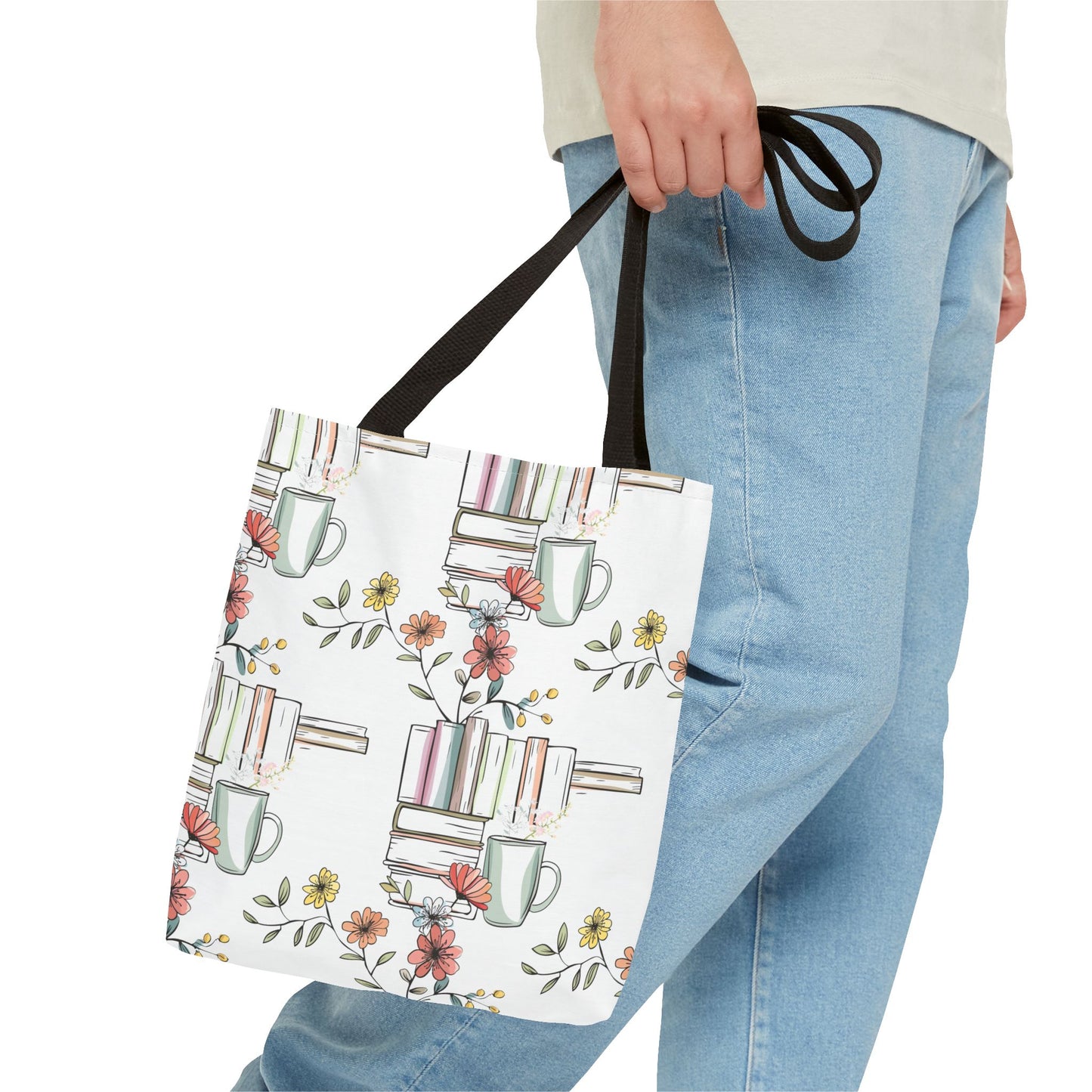 Floral Stacked Books & Coffee Tote Bag