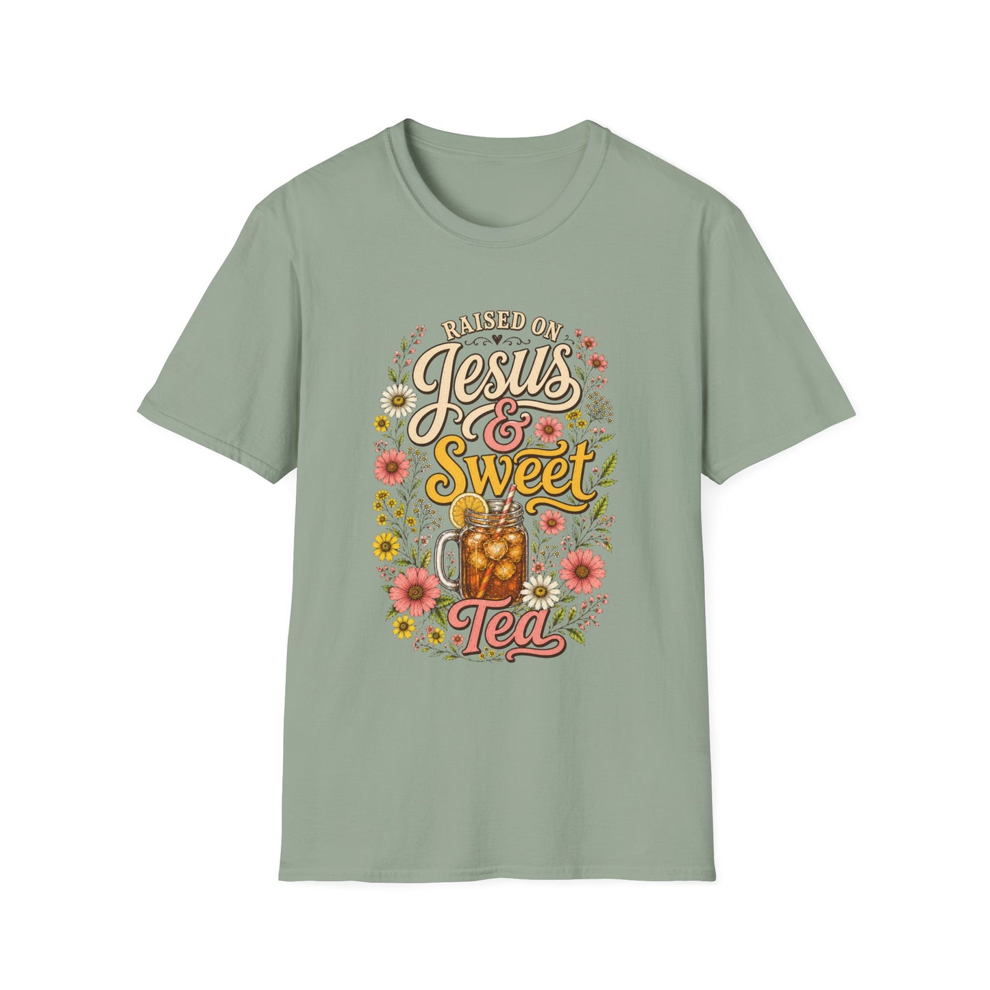 Raised on Jesus & Sweet Tea T‑Shirt — Floral Southern Faith Tee