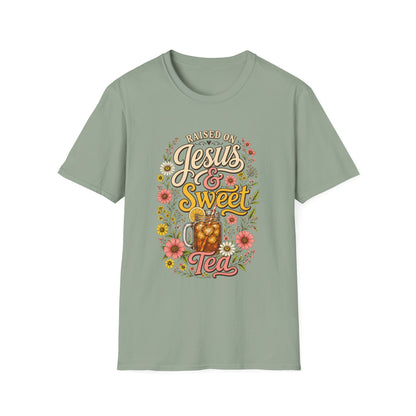 Raised on Jesus & Sweet Tea T‑Shirt — Floral Southern Faith Tee