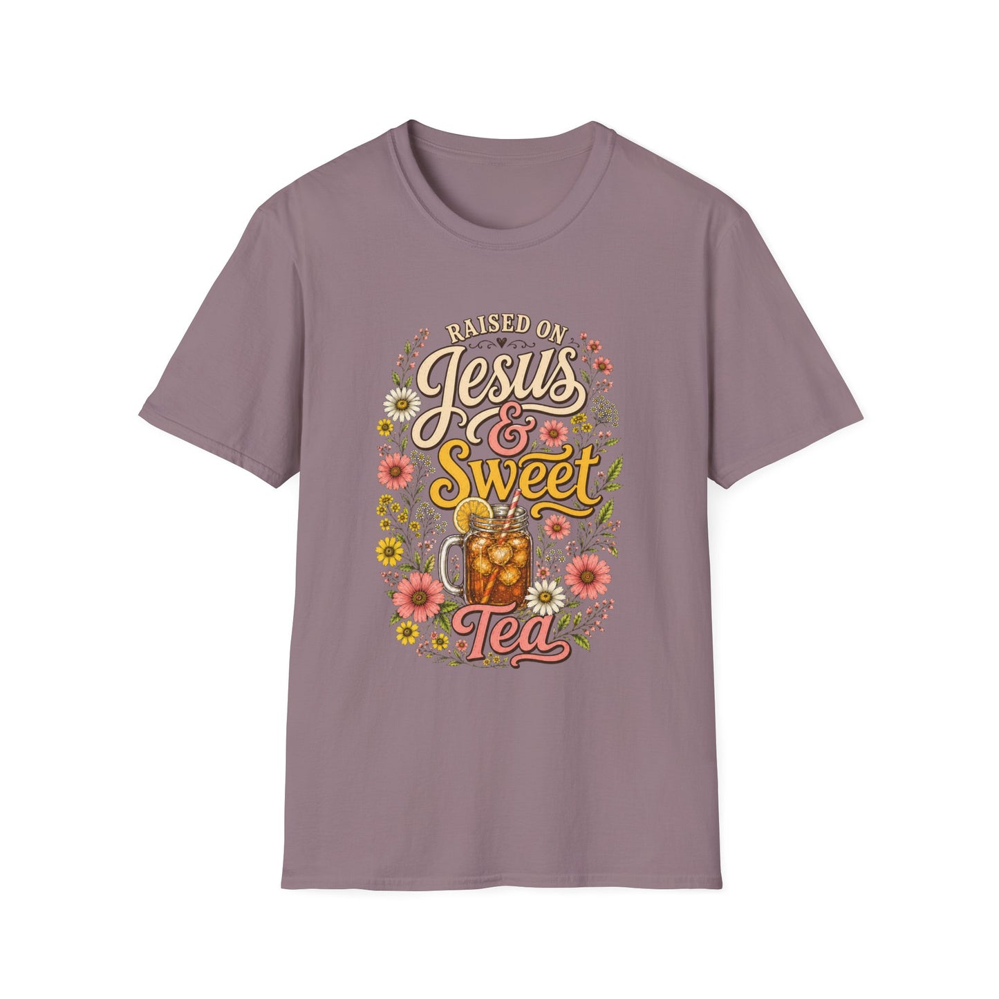 Raised on Jesus & Sweet Tea T‑Shirt — Floral Southern Faith Tee