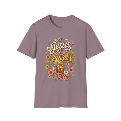 Raised on Jesus & Sweet Tea T‑Shirt — Floral Southern Faith Tee