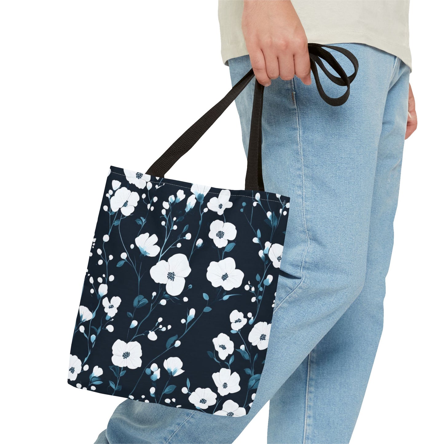 Navy Blue White Blossom Tote Bag