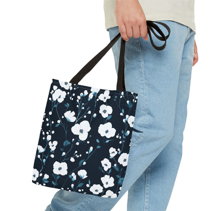 Navy Blue White Blossom Tote Bag