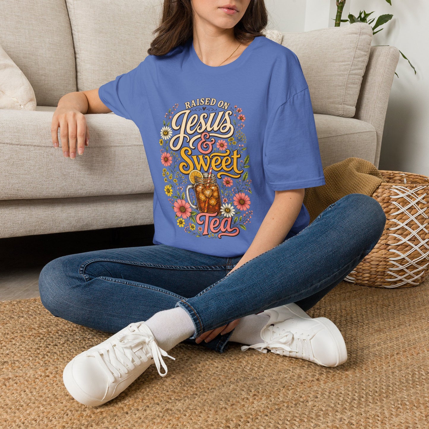Raised on Jesus & Sweet Tea T‑Shirt — Floral Southern Faith Tee