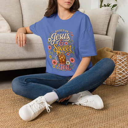 Raised on Jesus & Sweet Tea T‑Shirt — Floral Southern Faith Tee