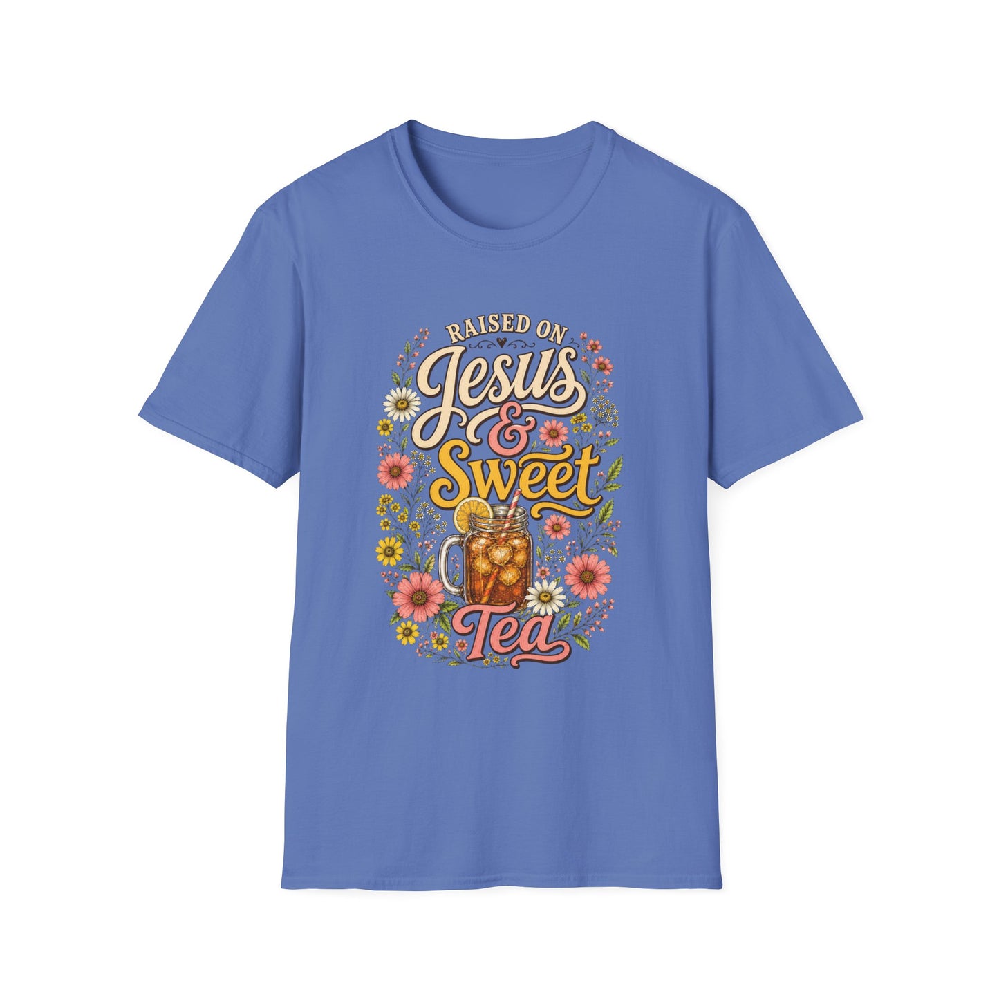 Raised on Jesus & Sweet Tea T‑Shirt — Floral Southern Faith Tee
