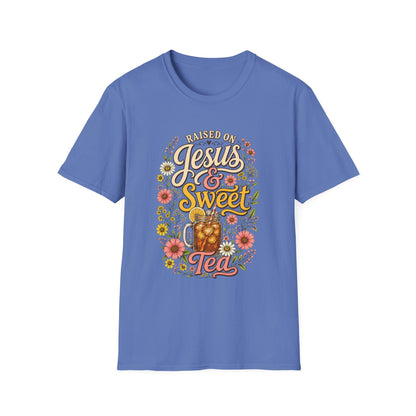 Raised on Jesus & Sweet Tea T‑Shirt — Floral Southern Faith Tee