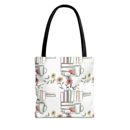 Floral Stacked Books & Coffee Tote Bag