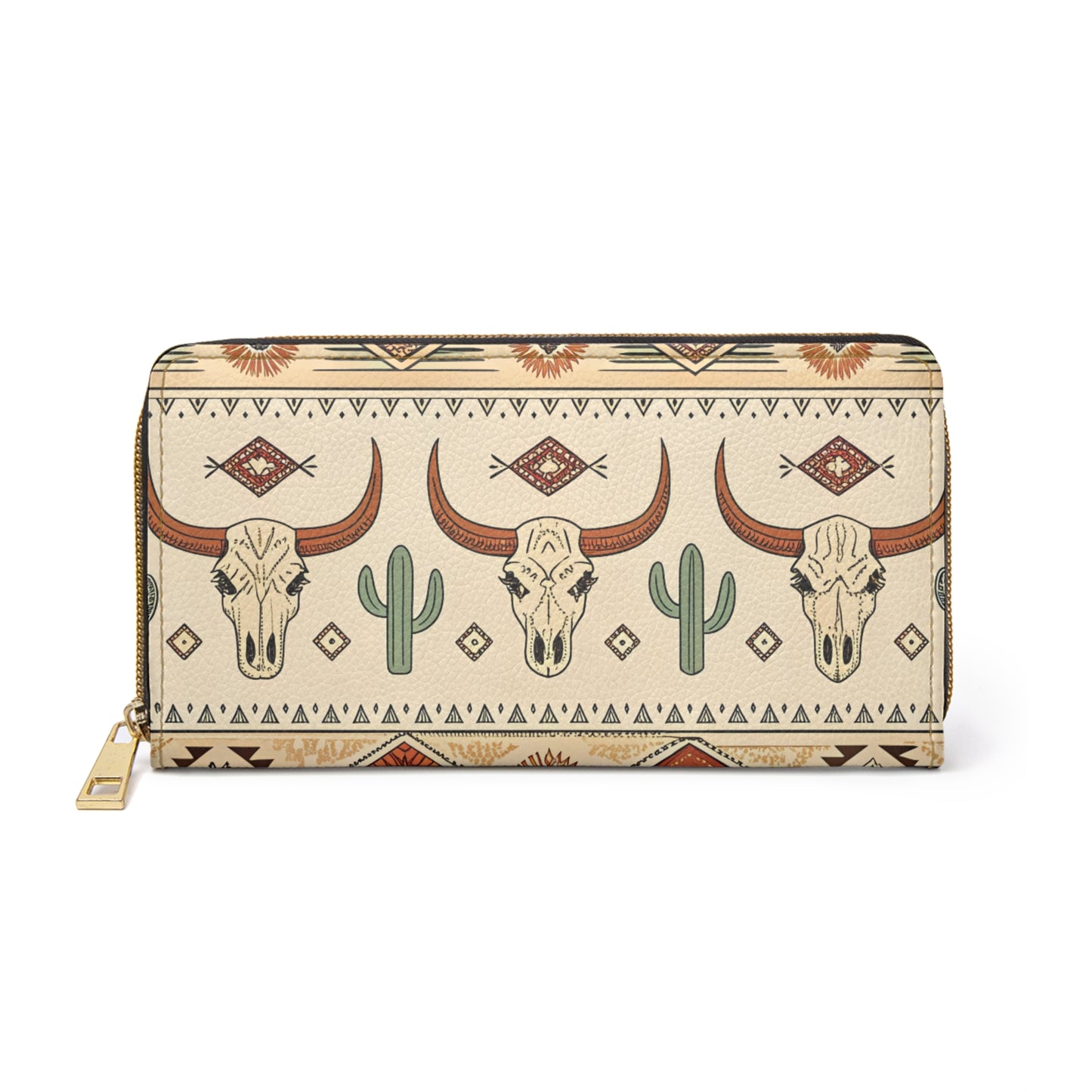 Western Skull & Cactus Zipper Wallet — Southwestern Aztec Patterned Wallet