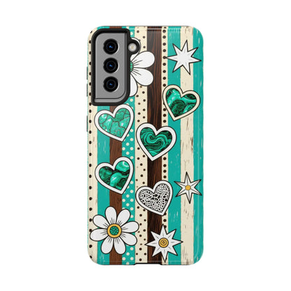 Turquoise Hearts & Daisies Tough Phone Case