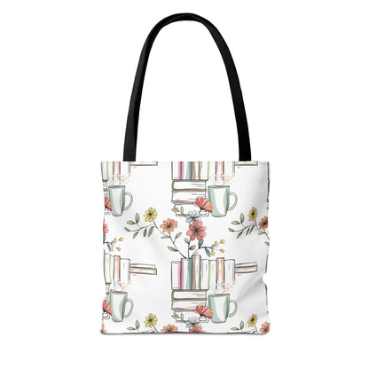 Floral Stacked Books & Coffee Tote Bag