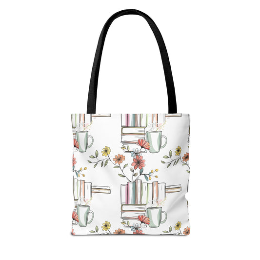 Floral Stacked Books & Coffee Tote Bag