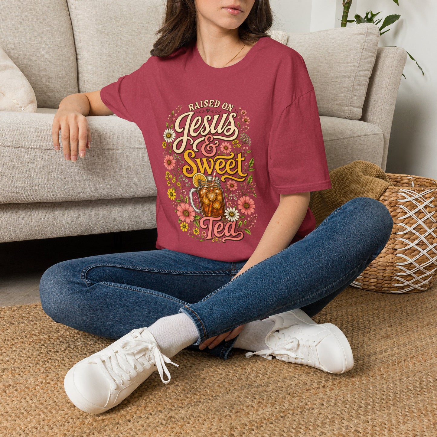 Raised on Jesus & Sweet Tea T‑Shirt — Floral Southern Faith Tee