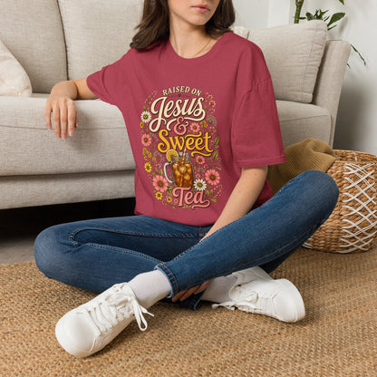 Raised on Jesus & Sweet Tea T‑Shirt — Floral Southern Faith Tee